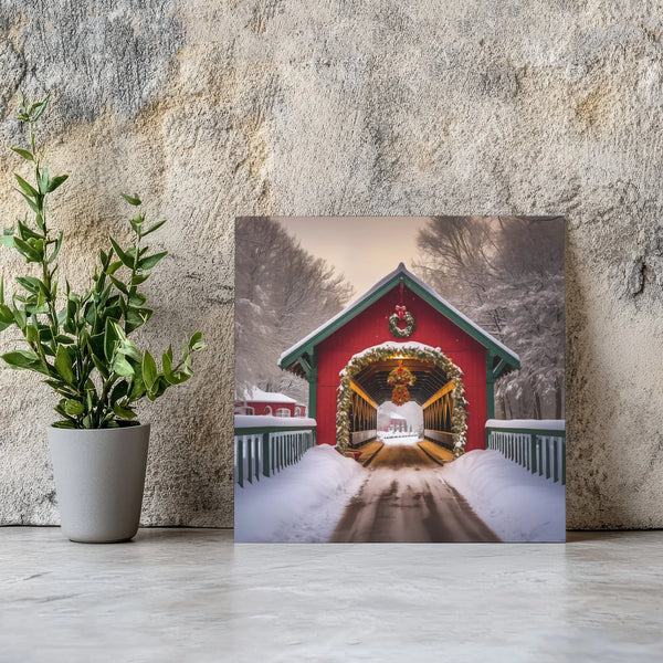 Snowy Red Barn Winter Canvas Wall Art, Christmas Covered Bridge Canvas Print, Holiday Season Landscape Canvas Art, Comfy Wint