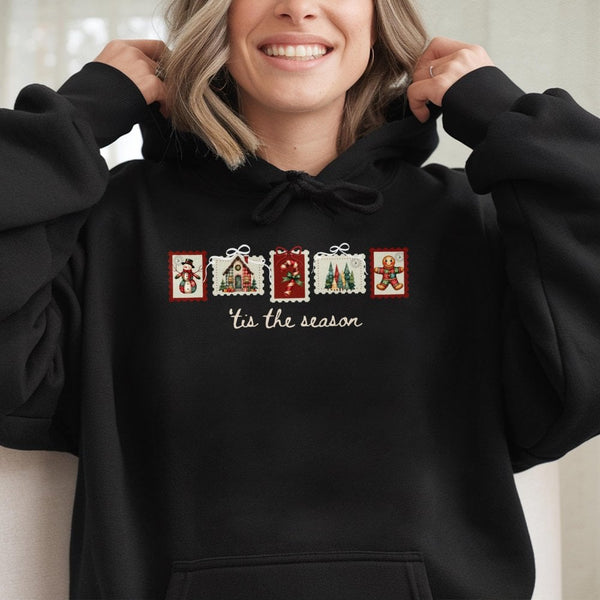 Vintage Holiday Postage Stamp Sweatshirt, Retro Christmas Stamp Hoodie, Comfy Tis the Season Graphic Hooded Pullover, Xmas Wi