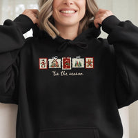 Vintage Holiday Postage Stamp Sweatshirt, Retro Christmas Stamp Hoodie, Comfy Tis the Season Graphic Hooded Pullover, Xmas Winter Present