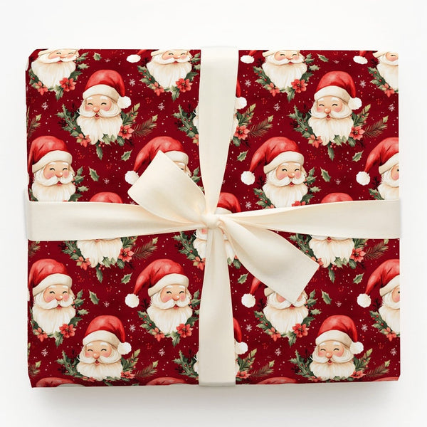 Vintage Christmas Gift Wrap, Jolly Santa Claus Wrapping Paper, Winking Santa Holiday Wrapping Paper, Red Poinsettia Gift Wrap