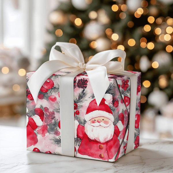 Cheerful Santa Holiday Gift Wrap, Watercolor Santa Claus Wrapping Paper, Pinecone Holly Xmas Wrapping Paper, Festive Christma