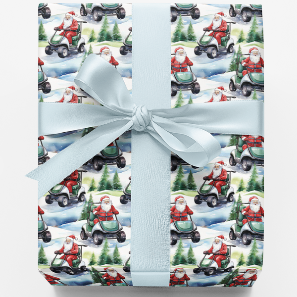 Golf Cart Holiday Gift Wrap, Golf Santa Christmas Wrapping Paper, Snow on the Fairway Present Paper, Humorous Golfer Christma