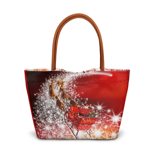 Sparkly Holiday Tote Bag, Christmas Santa Sleigh Reindeer Tote Bag, Festive Winter Graphic Shoulder Tote Bag, Large Daily Han