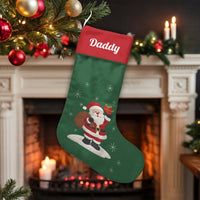 Custom Name Surf Holiday Stocking, Personalized Surfing Santa Christmas Stocking, Tropical Coastal Xmas Stocking, Beach Decor Present for Dad