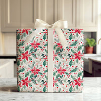 Holly Berry Christmas Gift Wrap, Watercolor Poinsettia Wrapping Paper, Botanical Holiday Wrapping Paper, Festive Floral Gift Wrap Roll