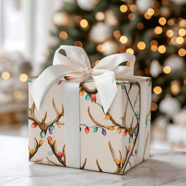 Holiday Lights Deer Gift Wrap, Deer Antler Christmas Wrapping Paper, Rustic Watercolor Antlers Wrapping Paper, Country Gift W