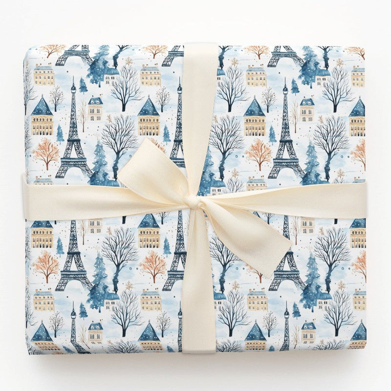 Snowy Eiffel Tower Gift Wrap, Paris Winter Wrapping Paper, French Cityscape Present Paper, Paris France Christmas Holiday Wrapping Paper
