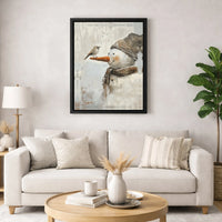 Rustic Winter Oil Painting Poster, Snowman and Bird Canvas Wall Art Print, Farmhouse Christmas Holiday Decor, Digital Download Present