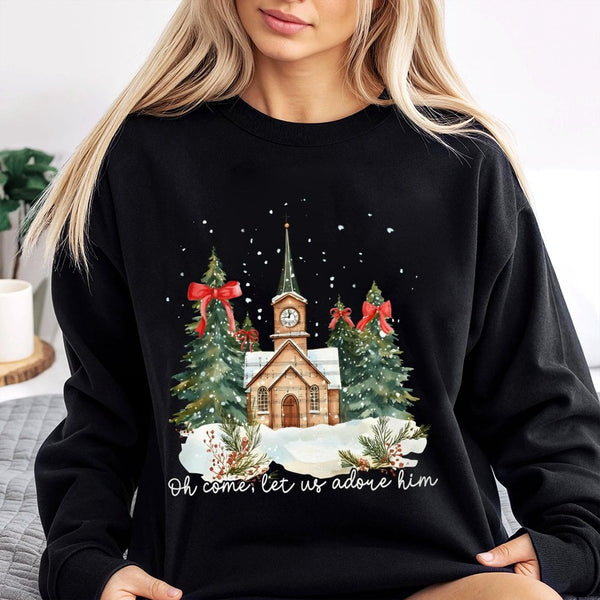 Watercolor Church Christmas Crewneck, Oh Come Let Us Adore Him Sweatshirt, Christian Nativity Religious Pullover, Holiday Fai