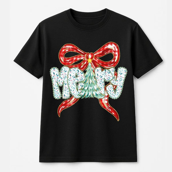 Coquette Bow Plaid Tree Shirt, Merry Christmas T-Shirt, Adorable Holiday Graphic Tee, Festive Winter Aesthetic T-Shirt for Wo