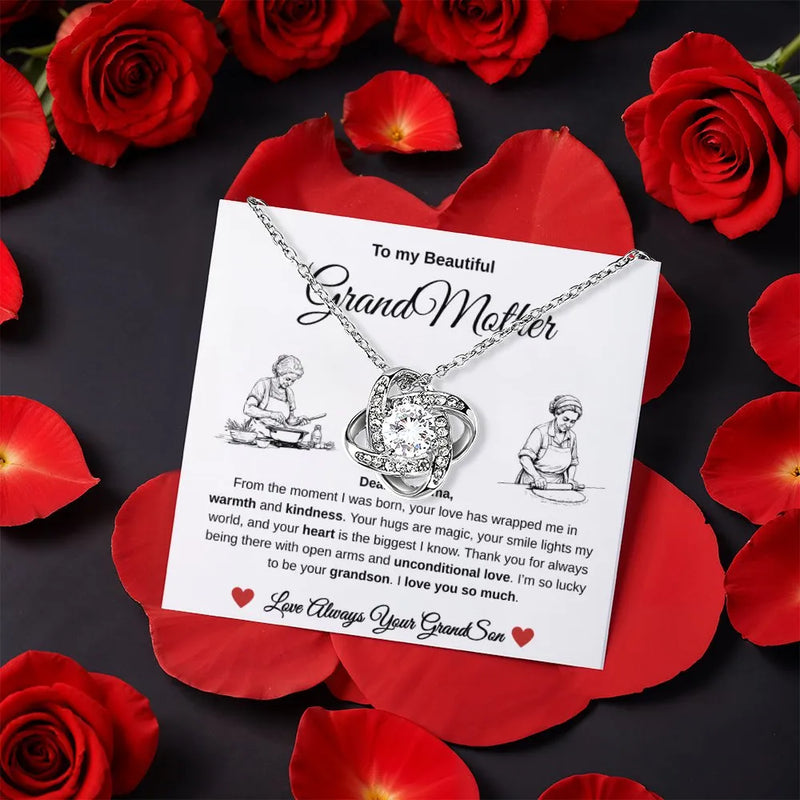Grandson to Grandma Love Knot Pendant, Grandmother Love Knot Necklace, Cubic Zirconia Love Knot Jewelry, Birthday Present, Christmas Present