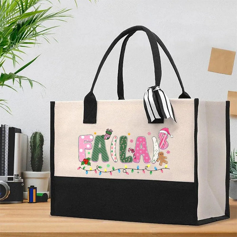 Pink Letter Christmas Math Teacher Canvas Tote, Fa La Holiday Math Cotton Tote Bag, Winter School Shoulder Bag, Present for Her