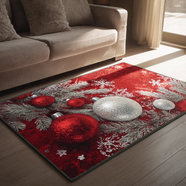 Red Ornament Snowflake Holiday Rug, Silver Bliss Christmas Area Rug, Winter Xmas Tree Bauble Floor Rug, Festive Living Room M