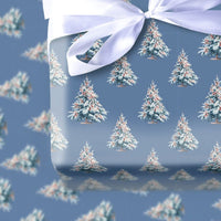 Dusty Blue Winter Gift Wrap, Snowy Christmas Tree Wrapping Paper, Realistic Pine Tree Wrapping Paper, Forest Holiday Gift Wrap Roll