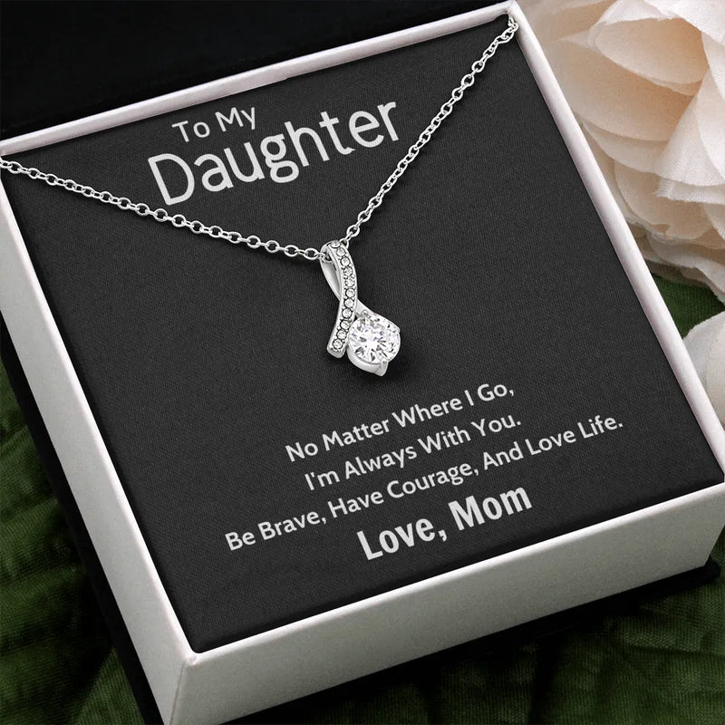 Ribbon Pendant Necklace, Daughter Necklace from Mom, 14k White Gold Finish Sparkle Necklace, Birthday Present for Daughter, Christmas Keepsake