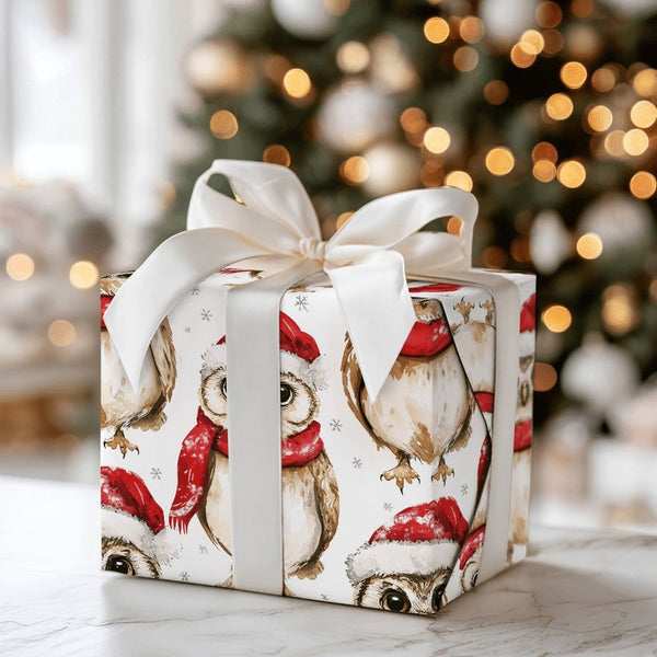 Watercolor Winter Owl Gift Wrap, Christmas Owl Wrapping Paper, Santa Hat Woodland Owl Wrapping Paper, Festive Holiday Bird Gi
