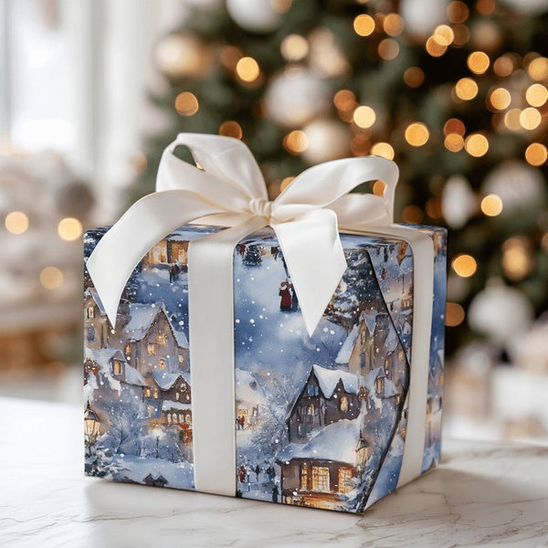 Comfy Winter Town Holiday Gift Wrap, Snowy Christmas Village Wrapping Paper, Carolers Xmas Night Wrapping Paper, Festive Holi