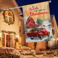 Red Truck Barn Holiday Flag, Farmhouse Christmas Garden Flag, All Hearts Come Home Winter Flag, Rustic Americana Yard Flag Decor