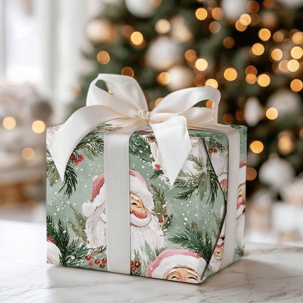 Vintage Santa Claus Gift Wrap, Watercolor Santa Wrapping Paper, Holiday Present Paper, Pine Needles Christmas Wrap, Festive W