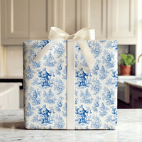 Vintage Christmas Gift Wrap, Blue and White Santa Toile Wrapping Paper, French Toile Holiday Wrapping Paper, Winter Forest Gift Wrap Roll