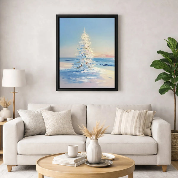 Snowy Beach Christmas Canvas Print, Coastal Christmas Tree Canvas Art, Impressionist Winter Wall Art, Coastal Holiday Beach C