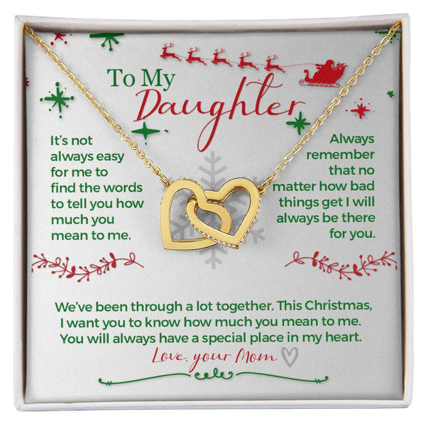 Interlocking Hearts Pendant, Christmas Daughter Necklace, Rose Gold Message Card Jewelry, Sentimental Xmas Holiday Present fo