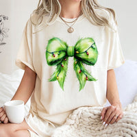 Holiday Lights Tee, Furry Green Bow Christmas Shirt, Adorable Coquette Christmas T-Shirt, Retro Xmas Graphic Tee, Holiday Present for Women