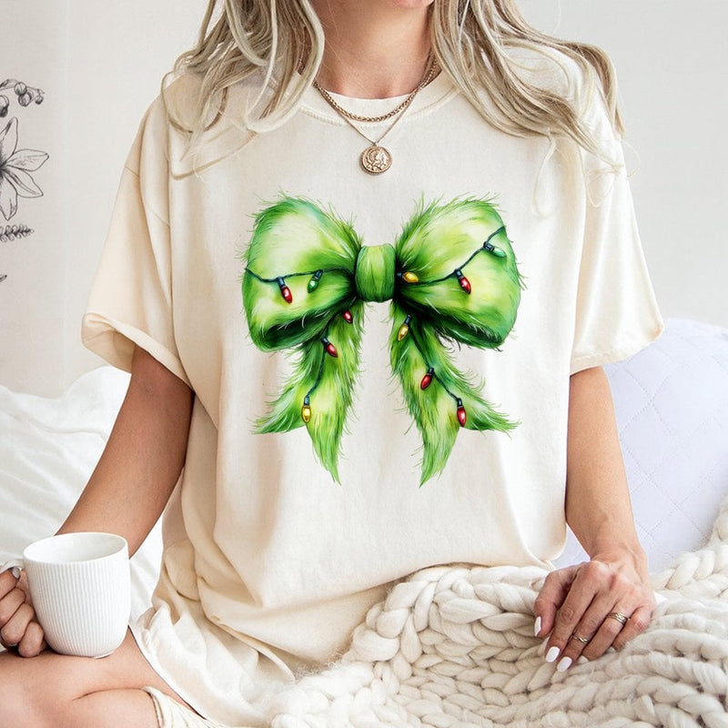 Holiday Lights Tee, Furry Green Bow Christmas Shirt, Adorable Coquette Christmas T-Shirt, Retro Xmas Graphic Tee, Holiday Present for Women