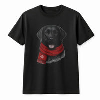 Adorable Dog in Red Scarf Graphic Tee, Black Labrador Christmas T-Shirt, Black Lab Holiday Dog Lover Shirt, Winter Xmas Dog Owner Present T-Shirt