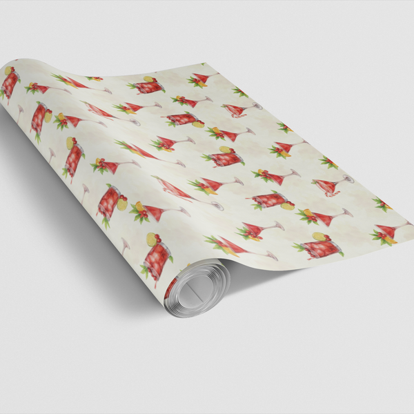 Festive Holiday Drink Gift Wrap Roll, Watercolor Christmas Cocktail Wrapping Paper, Seasonal Party Wrapping Paper, Xmas Gift 