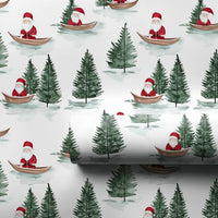 Watercolor Forest Gift Wrap, Santa in Canoe Wrapping Paper, Pine Tree Christmas Wrapping Paper, Outdoor Holiday Gift Wrap