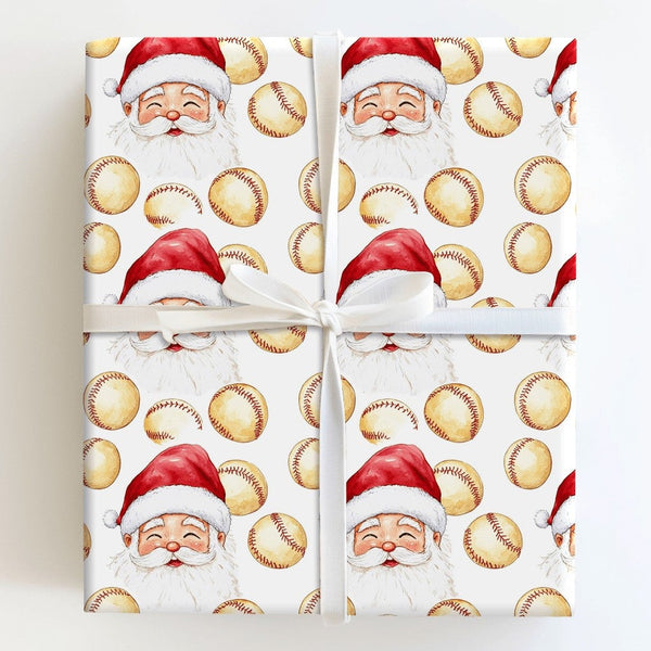 Baseball Christmas Gift Wrap, Watercolor Baseball Santa Wrapping Paper, Santa Head Holiday Wrapping Paper, Baseball Player Xm