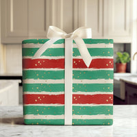 Red and Green Holiday Gift Wrap, Striped Christmas Wrapping Paper, Painted Stripe Wrapping Paper, Gold Confetti Present Wrapping Paper