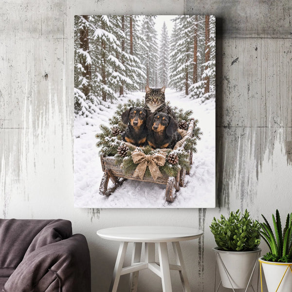 Snowy Forest Dachshund Wall Art, Dachshund Cat Winter Sleigh Canvas, Christmas Pet Canvas Print, Holiday Dog and Cat Wall Dec