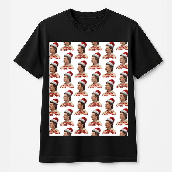 Christmas Graphic Shirt, Retro Santa Hat Pattern T-Shirt, Festive Santa Claus Holiday Tee, Adorable Vintage Christmas Pattern