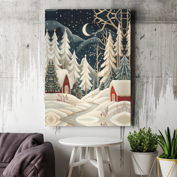 Snowy Winter Forest Canvas, Christmas Village Canvas Wall Art, Comfy Night Landscape Print, Holiday Christmas Canvas, Winter 