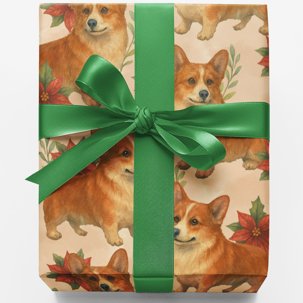 Adorable Dog Poinsettia Gift Wrap, Corgi Christmas Wrapping Paper, Festive Dog Lover Wrapping Paper, Holiday Puppy Christmas 