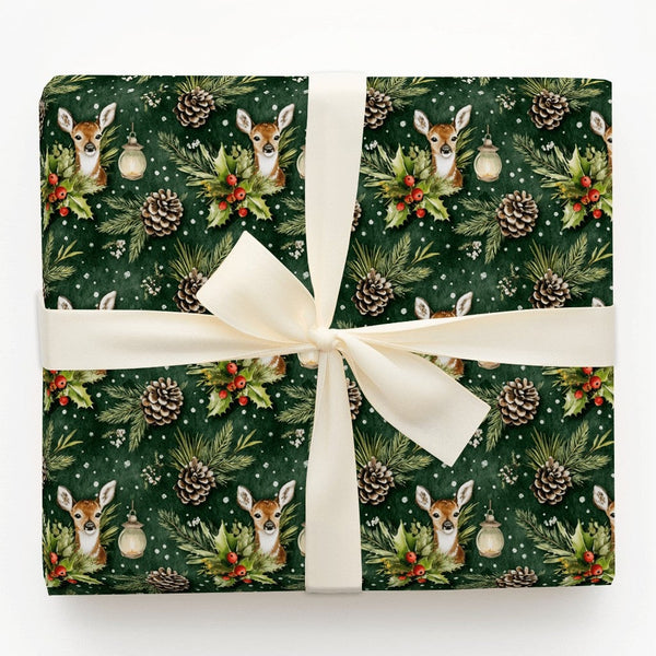 Watercolor Pine Cone Gift Wrap, Woodland Deer Christmas Wrapping Paper, Winter Forest Holiday Wrapping Paper, Rustic Green Gi
