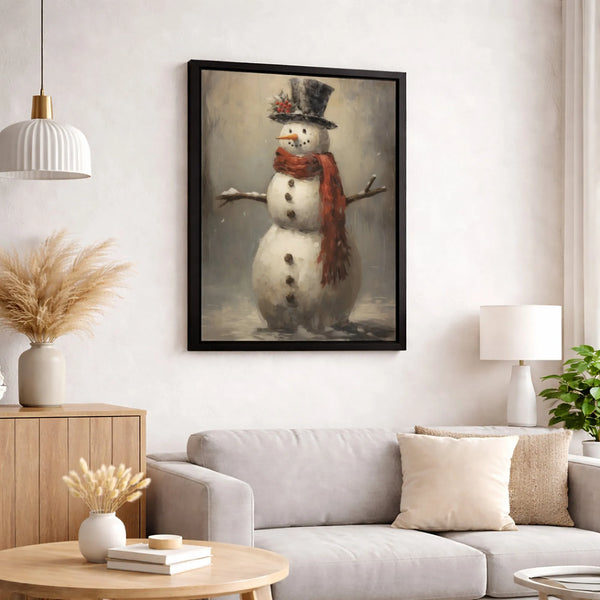 Oil Painting Winter Canvas Wall Decor, Vintage Christmas Snowman Canvas Art, Rustic Holiday Snowman Canvas Print, Festive Xma