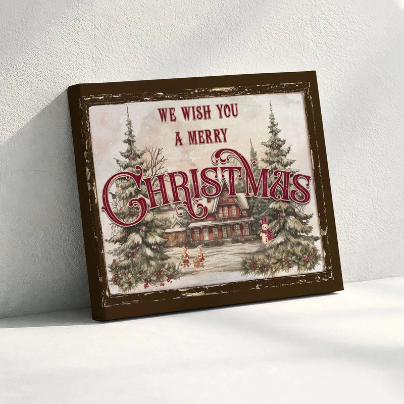 Vintage Winter Village Snowman Print, Merry Christmas Canvas Wall Art, Pine Trees Holiday Artwork, Festive Wall Decor, Seasonal Xmas Present