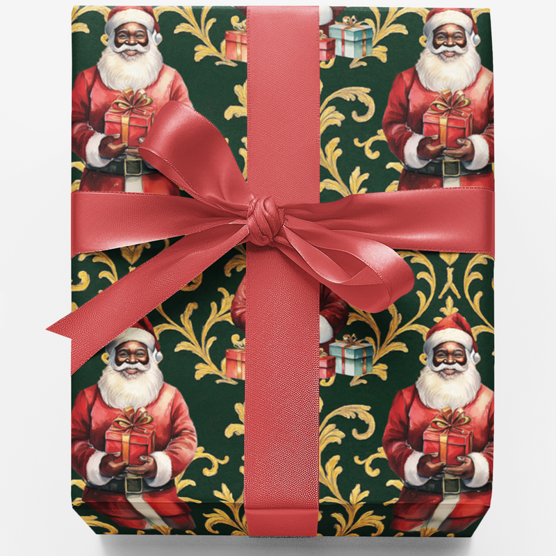 Gold Damask Christmas Gift Wrap, Black Santa Wrapping Paper, African American Santa Wrapping Paper, Holiday Present Paper, Family Gift Wrap