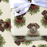 Dog Wreath Holiday Gift Wrap, Chocolate Lab Christmas Wrapping Paper, Labrador Retriever Christmas Wrapping Paper, Pet Lover Gift Wrap