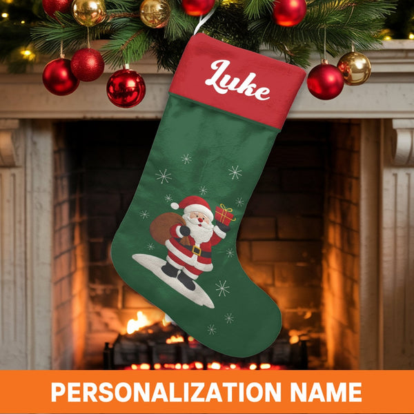 Personalized Coastal Holiday Stocking, Surfing Santa Christmas Stocking, Custom Name Christmas Stocking, Tropical Beach Chris