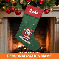Personalized Coastal Holiday Stocking, Surfing Santa Christmas Stocking, Custom Name Christmas Stocking, Tropical Beach Christmas Stocking