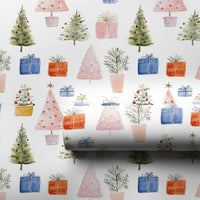 Potted Plant Holiday Gift Wrap, Watercolor Christmas Tree Wrapping Paper, Pastel Tree Present Paper, Winter Holiday Wrapping Paper Roll