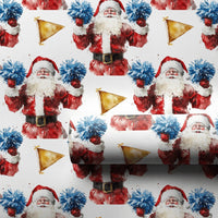 Watercolor Cheer Santa Gift Wrap, Cheerleader Santa Wrapping Paper, Blue Pom Pom Santa Christmas Paper, Adorable Whimsical Holiday Wrap Roll
