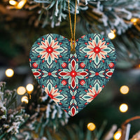 Floral Christmas Ceramic Ornament, Poinsettia Folk Art Heart Ornament, Vintage Botanical Holiday Heart Ornament, Festive Tree Decor Present