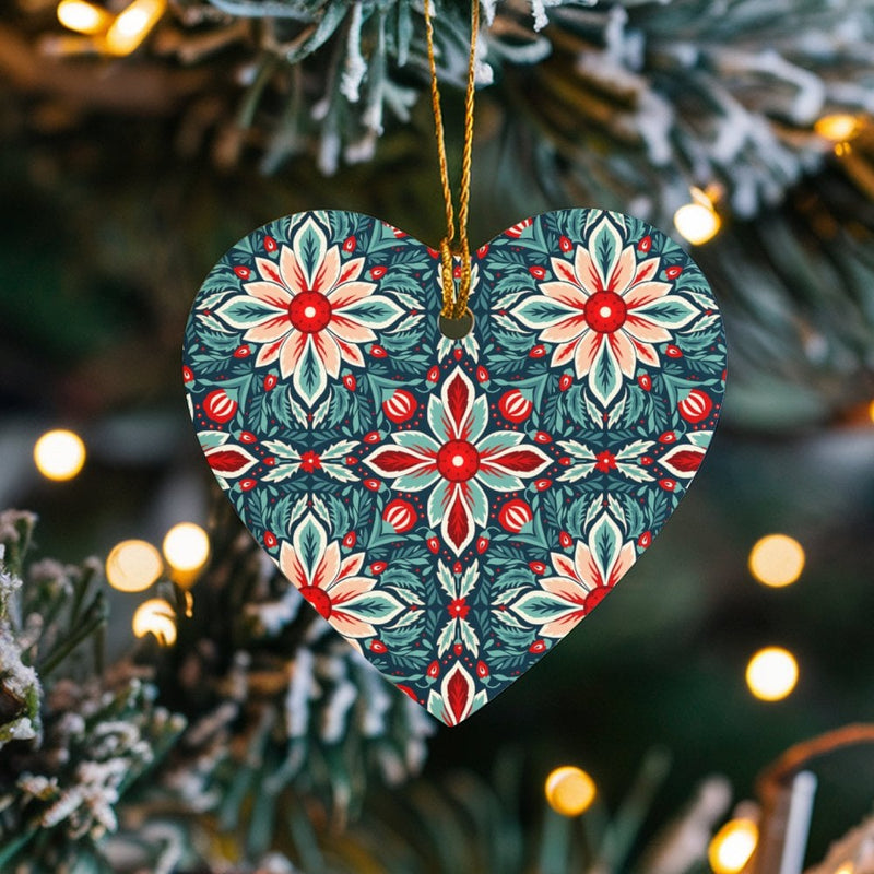 Floral Christmas Ceramic Ornament, Poinsettia Folk Art Heart Ornament, Vintage Botanical Holiday Heart Ornament, Festive Tree Decor Present