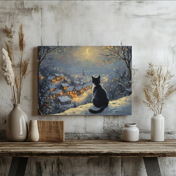 Snowy Village Winter Canvas Art, Black Cat Christmas Canvas Print, Comfy Holiday Night Wall Art, Christmas Cat Canvas Decor, 
