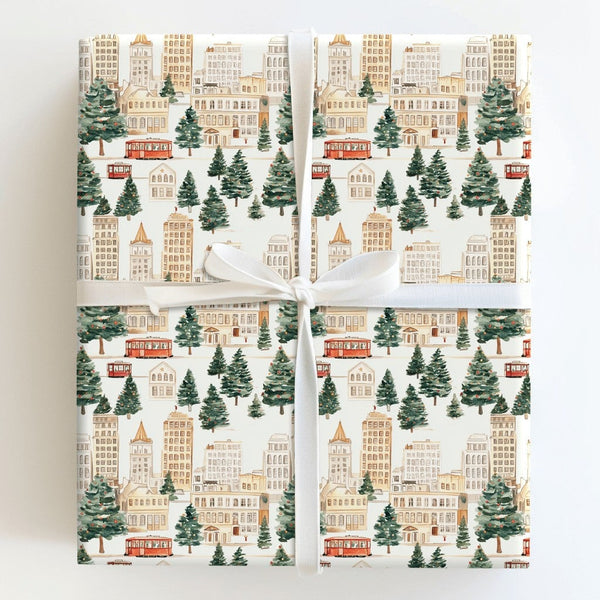 Red Trolley Christmas Gift Wrap, Winter Cityscape Wrapping Paper, Watercolor City Streetcar Wrapping Paper, Festive Holiday G